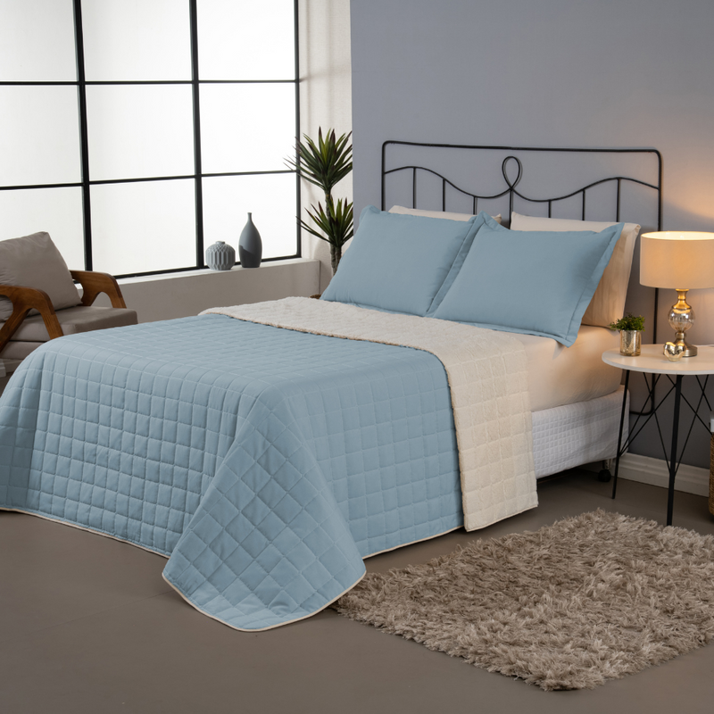 Kit Cobre Leito Matelado Dupla Face Sherpa de Carneiro 3 Peças 80% Algodão / 20% Poliéster Percal 180 Fios